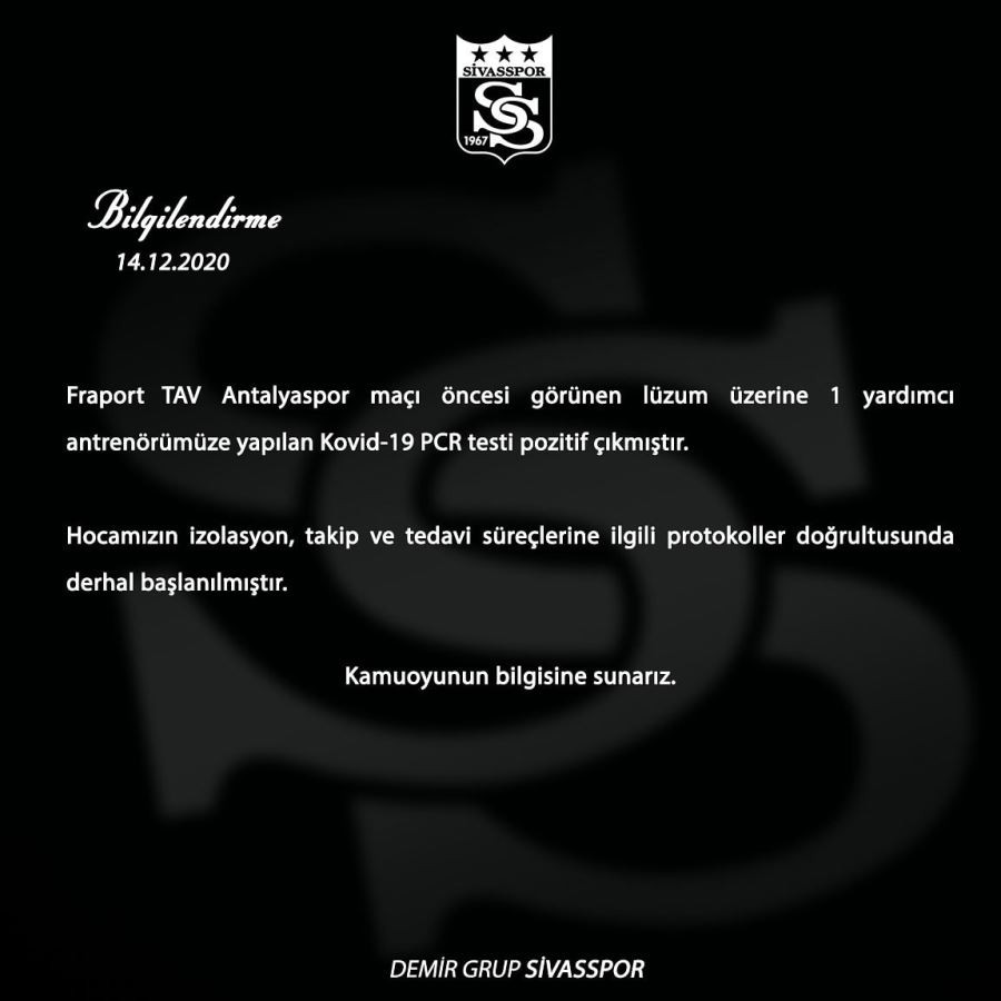 Sivasspor’da 1 kişiye daha korona virüs bulaştı!