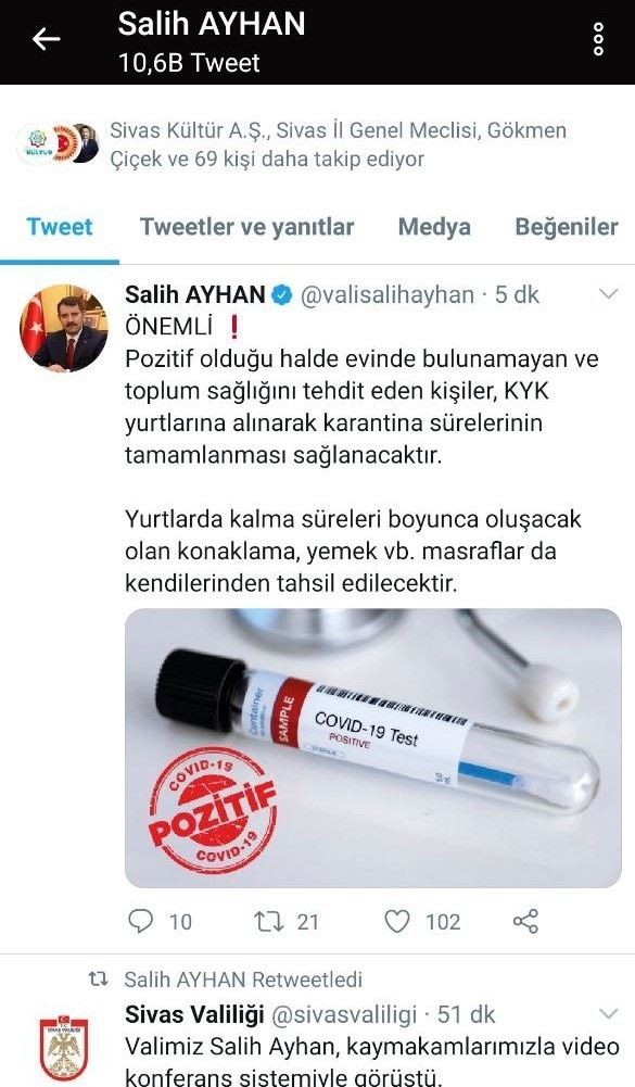 Sivas’ta karantina kurallarını ihlal edenler evine dönemeyecek