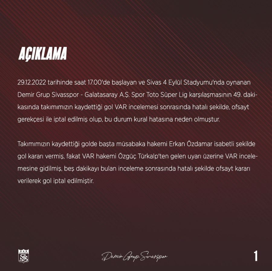 Sivasspor, Galatasaray maçının tekrarı için TFF’ye başvurdu
