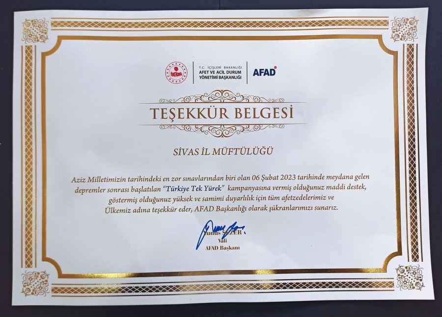 AFAD’dan İl Müftülüğüne teşekkür belgesi