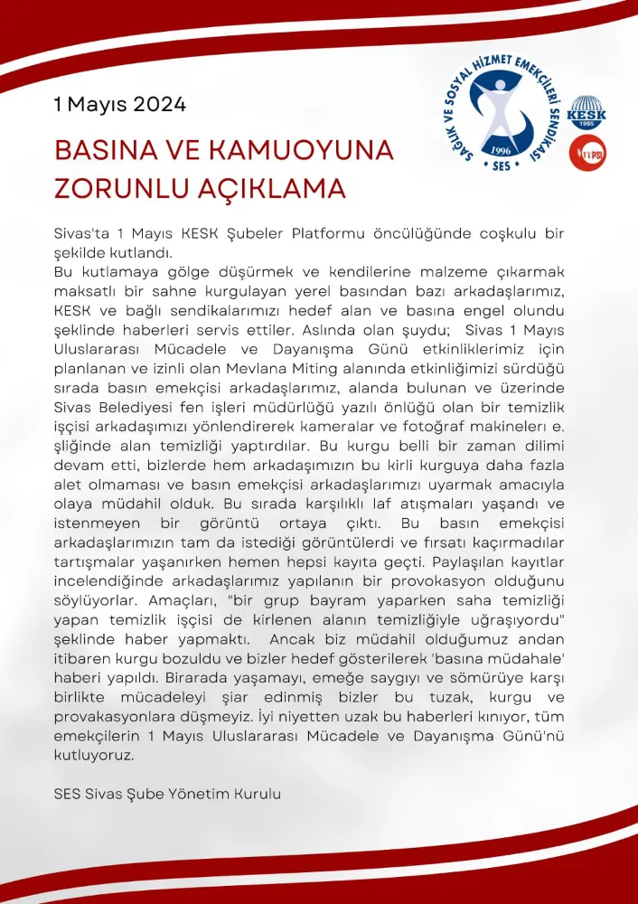 BASINA VE KAMUOYUNU  ZORUNLU AÇIKLAMA 